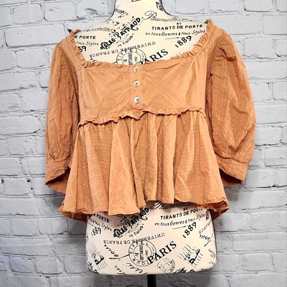 Free People Leave It To Me Top Camel Cropped Babydoll Blouse Size xsmall